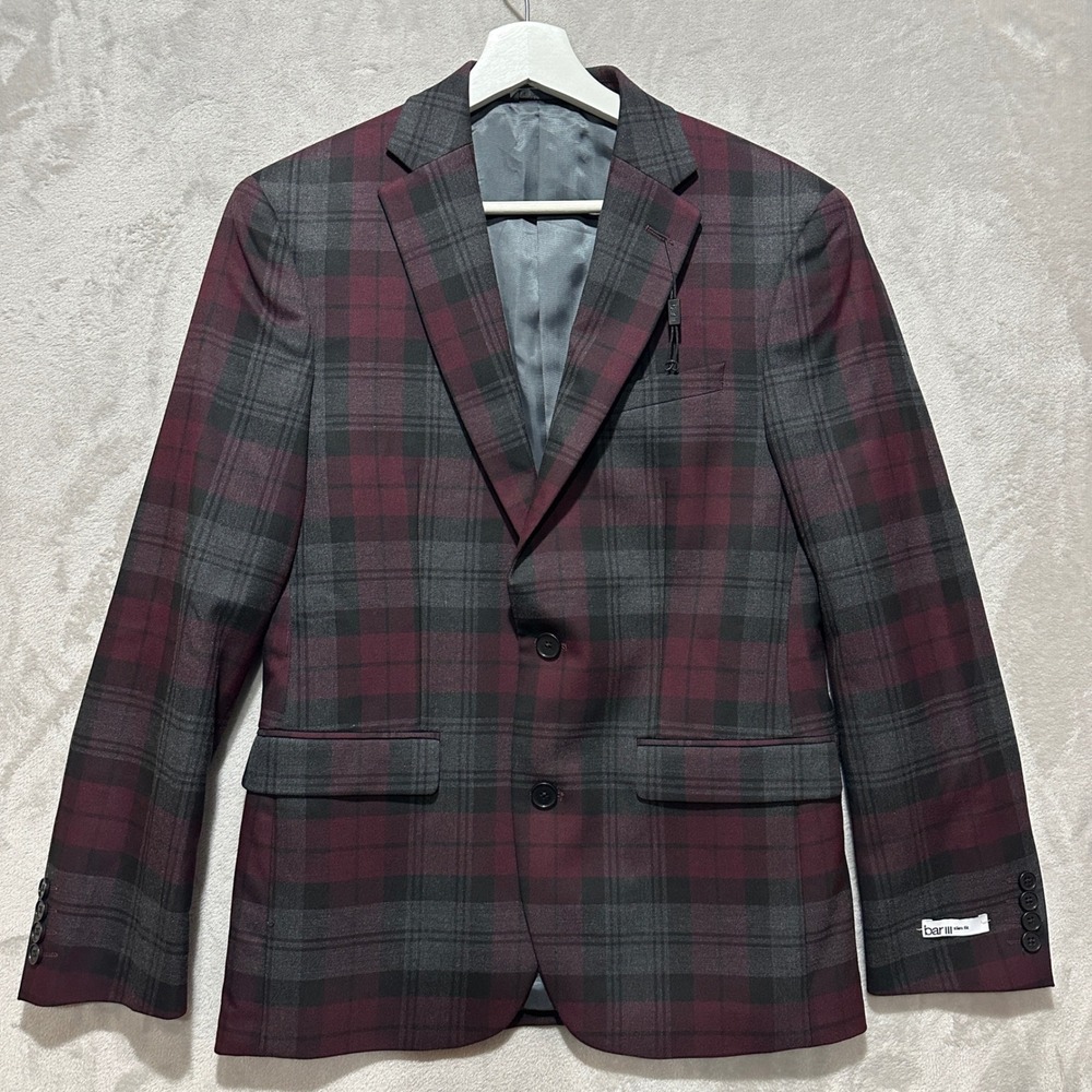 Bar III Men 36S Slim Fit Burgundy Plaid Blazer Sport Coat TELL1CJZ0040 NWT
